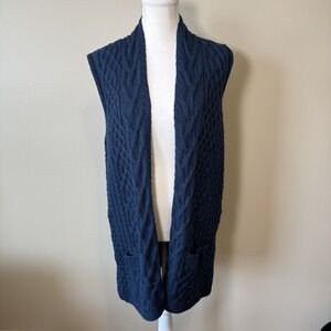 Kilronan Merino Wool Open Front Vest with Pockets Blue Size Small NWOT